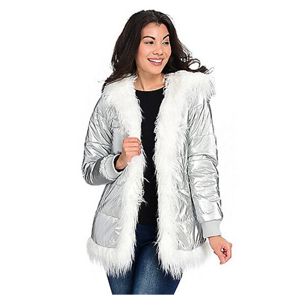 Donna Salyers Fabulous Furs Coat Women 2X Silver Metallic Hooded Faux Fur Puffer - Picture 2 of 12